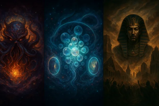 Représentation des entités mythiques Nyarlathotep, Yog-Sothoth et Azathoth dans l’univers de Lovecraft.