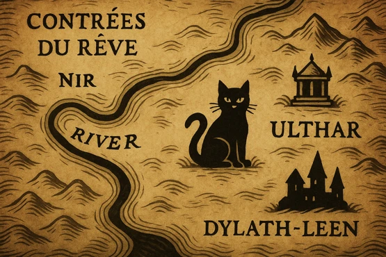 Carte stylisée représentant Ulthar, Dylath-Leen et le fleuve Nir, avec un chat noir dessiné.