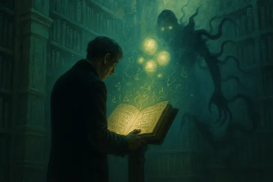 Homme consultant un grimoire devant une entité surnaturelle