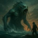 Un homme fait face au colosse Dagon surgissant des flots au crépuscule, dans une scène tirée de l’univers de Lovecraft.
