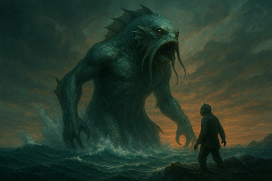 Un homme fait face au colosse Dagon surgissant des flots au crépuscule, dans une scène tirée de l’univers de Lovecraft.
