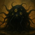 Illustration d’un Shoggoth tapi dans une grotte, tentacules sombres et yeux jaunes brillants