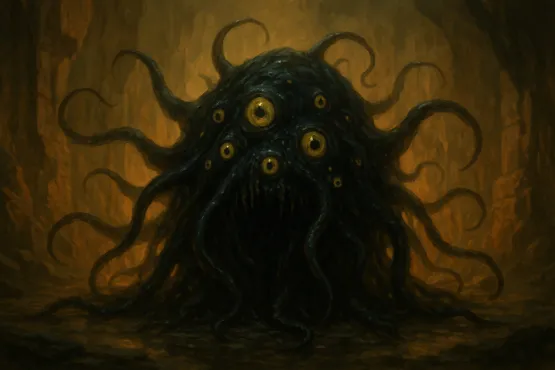 Illustration d’un Shoggoth tapi dans une grotte, tentacules sombres et yeux jaunes brillants