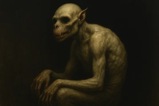 Créature humanoïde aux traits bestiaux sur fond noir, incarnant l’horreur tapie dans Le Modèle de Pickman