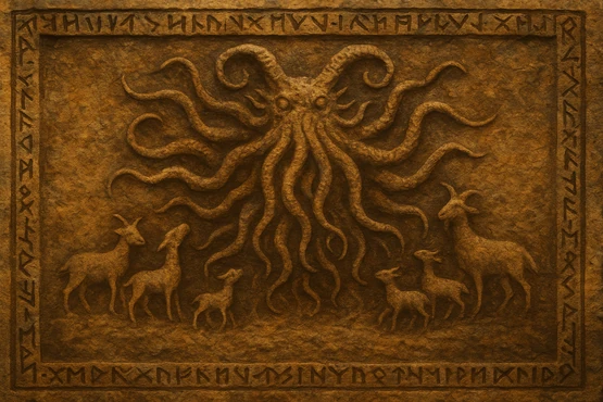 Gravure en pierre représentant Shub-Niggurath sous forme de Bouc Noir accompagné de créatures caprines.