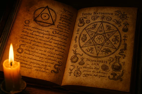 Livre ancien ouvert avec un pentagramme et des symboles alchimiques, éclairé à la bougie