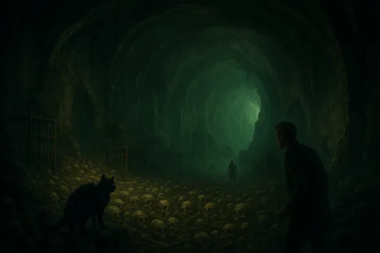 Homme confronté à un chat noir et à des ossements humains dans une caverne lugubre