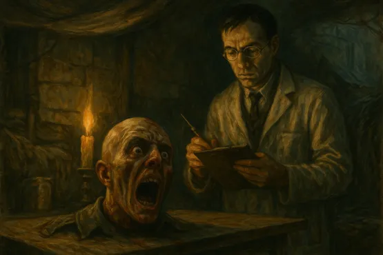 Herbert West en pleine expérimentation devant une tête coupée encore animée.