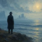 Un homme solitaire observe l’océan brumeux, évoquant l’appel des créatures marines de Lovecraft.
