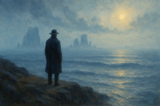 Un homme solitaire observe l’océan brumeux, évoquant l’appel des créatures marines de Lovecraft.