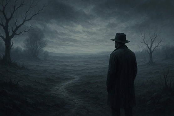 Silhouette d’un homme seul marchant dans une terre stérile, image symbolique du narrateur face à l’horreur.