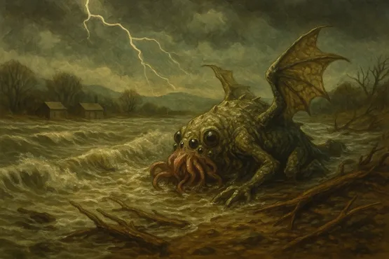 Une créature marine ailée et tentaculaire émerge d'une rivière en furie sous l'orage.