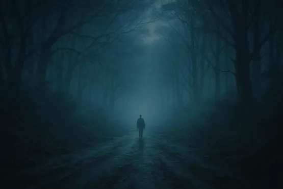 Une silhouette solitaire marche sur un chemin noyé dans le brouillard d'une forêt obscure.