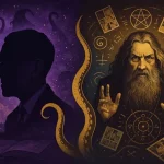 Silhouettes de Lovecraft et Alan Moore séparées par des tentacules et des runes