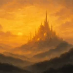 La cité mystérieuse de Kadath émergeant au loin dans les brumes dorées