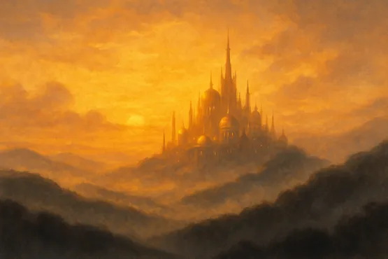 La cité mystérieuse de Kadath émergeant au loin dans les brumes dorées