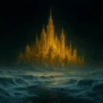 Illustration de Kadath l’inconnue comme une cité dorée flottant au-dessus d’un paysage glacé et surnaturel