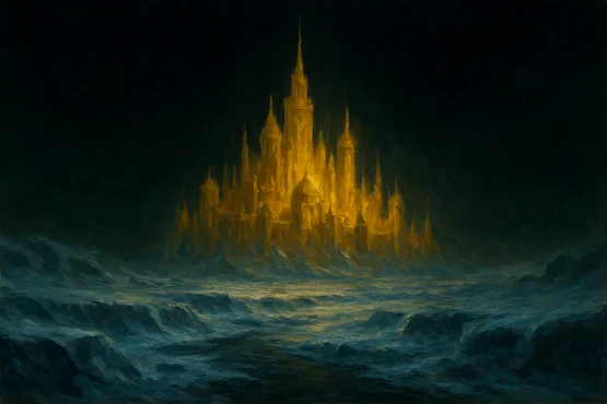 Illustration de Kadath l’inconnue comme une cité dorée flottant au-dessus d’un paysage glacé et surnaturel