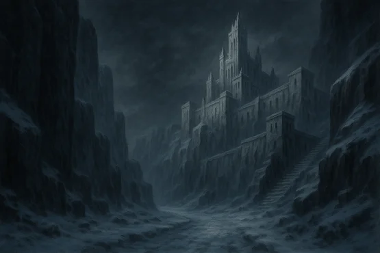 Vue d'une forteresse gigantesque et sombre dans les montagnes glacées, évoquant Kadath l’inconnue dans les Contrées du Rêve