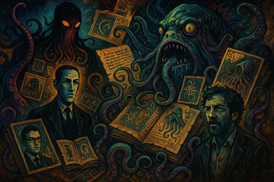 Lovecraft et d’autres auteurs entourés de monstres et de pages anciennes