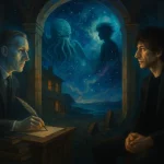 Illustration de Lovecraft et Gaiman se rencontrant, avec Cthulhu et Sandman dans le ciel étoilé