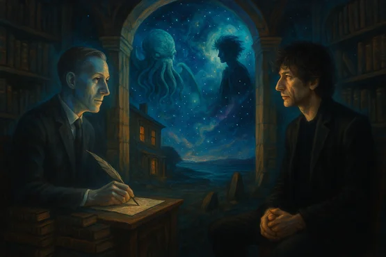 Illustration de Lovecraft et Gaiman se rencontrant, avec Cthulhu et Sandman dans le ciel étoilé