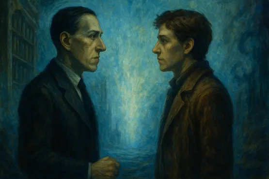 Portrait imaginaire de H.P. Lovecraft regardant un jeune homme représentant Carter