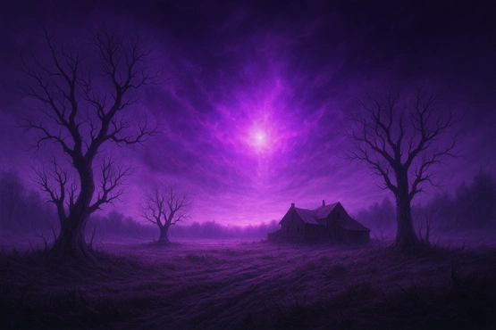 Maison en ruine sous un ciel violettement irradié, référence à l’aura maléfique de la météorite dans la nouvelle La couleur tombée du ciel de HP Lovecraft