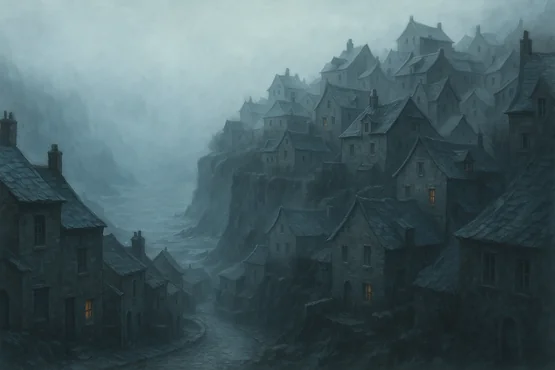 Village lugubre en bord de mer noyé dans la brume, typique des récits d’horreur cosmique de Lovecraft.