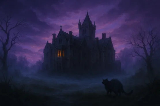 Vue crépusculaire d’un manoir hanté avec un chat noir dans les brumes