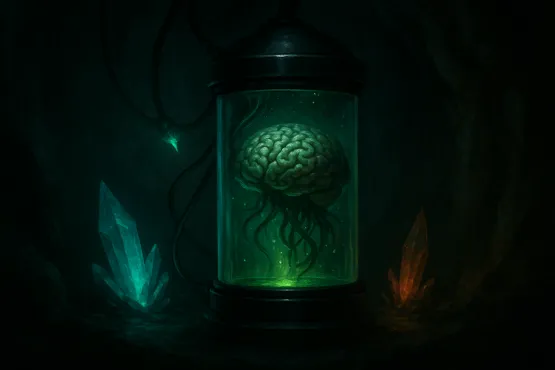 Cerveau suspendu dans un cylindre par les Mi-Go, entouré de cristaux étranges.