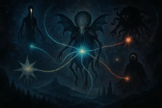 Représentation artistique des Grands Anciens interconnectés, dont les Mi-Go, dans l'univers de Lovecraft.