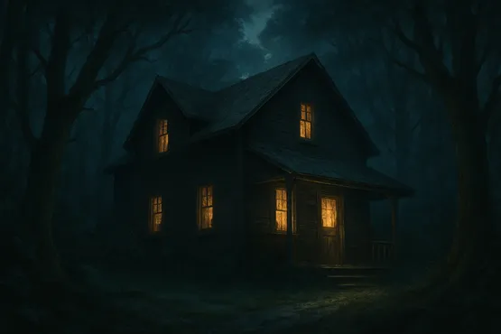 Une vieille maison éclairée au cœur d'une forêt sombre et silencieuse.