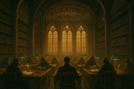 Étudiants silencieux en train de lire dans la bibliothèque tamisée de la Miskatonic University