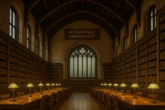 Intérieur vide et solennel de la bibliothèque de la Miskatonic University, avec ses longues tables et rayonnages de livres anciens
