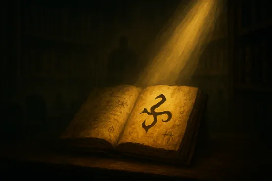 Livre ancien ouvert avec des symboles occultes, éclairé dans une bibliothèque sombre