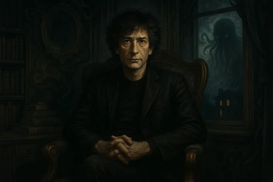 Portrait de Neil Gaiman assis dans une pièce sombre, Cthulhu visible derrière la fenêtre