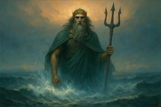 Illustration de Nodens, divinité marine coiffée d’une couronne, sortant des flots avec un trident