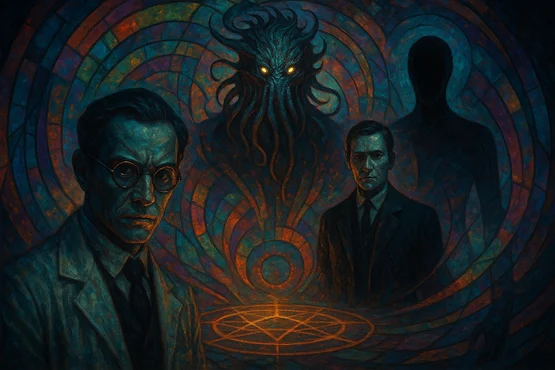 Illustration d’H.P. Lovecraft entouré de figures occultes et de Nyarlathotep surgissant dans un cercle ésotérique
