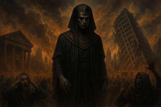 Nyarlathotep dominant une ville en ruine dans un chaos apocalyptique, entouré de fidèles en panique.