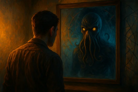 Homme observant une entité tentaculaire au regard jaune dans un miroir mystique