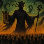 Nyarlathotep dans une apparence égyptienne, tenant un ankh et un parchemin devant une foule pétrifiée