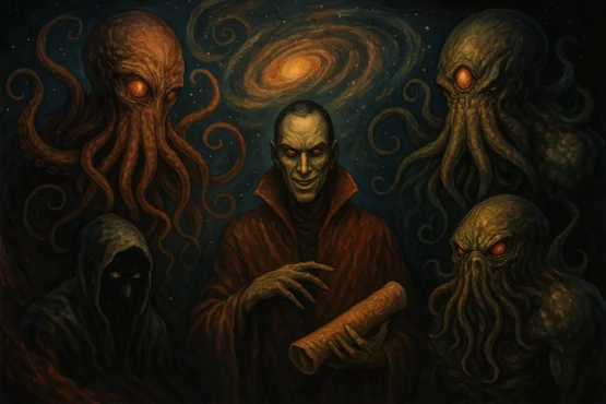 Représentation de Nyarlathotep sous forme humaine entouré de créatures lovecraftiennes dans un décor galactique