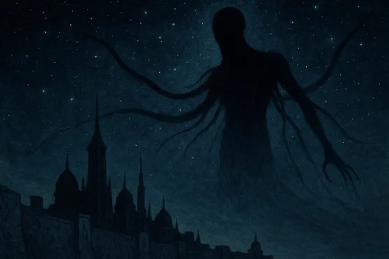 Silhouette monstrueuse de Nyarlathotep planant au-dessus de Kadath sous un ciel étoilé