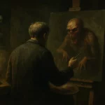 Un artiste sinistre peint une créature hideuse dans une cave sombre, évoquant Le Modèle de Pickman de Lovecraft