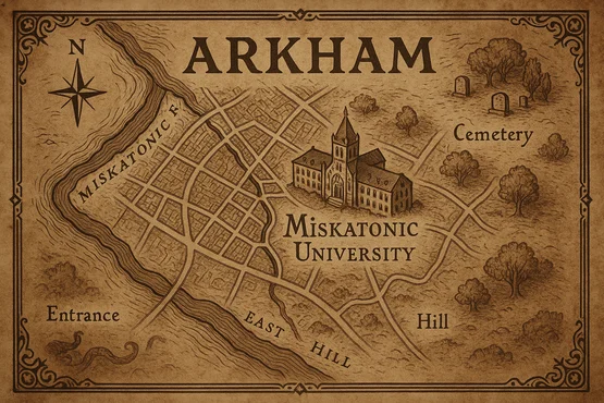 Plan vintage d’Arkham avec la Miskatonic University au centre, près du cimetière et de la rivière Miskatonic