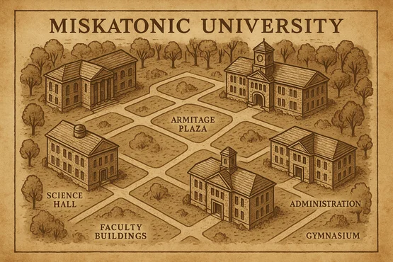 Plan vintage d’Arkham avec la Miskatonic University au centre, près du cimetière et de la rivière Miskatonic