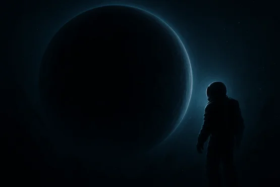 Un astronaute contemple une planète obscure et menaçante dans l’espace.