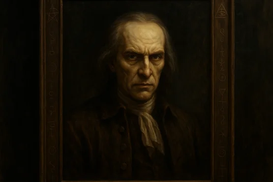 Tableau ancien représentant Joseph Curwen, visage sévère entouré de symboles occultes