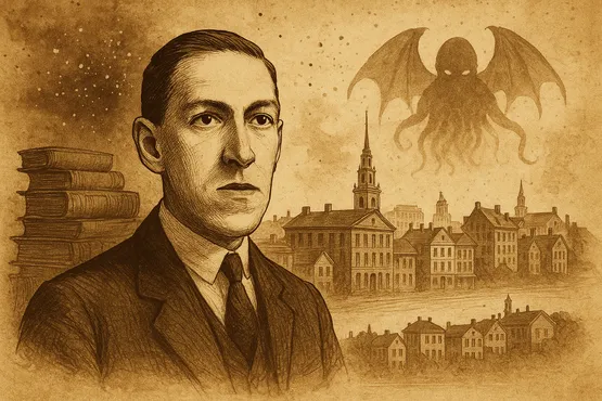 Lovecraft devant une ville ancienne et la silhouette de Cthulhu dans le ciel